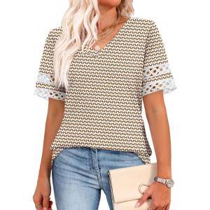 image:imageXIEERDUO Womens Summer Tops Dressy Casual Blouses for Women V Neck Short Sleeve Shirts Fashion Clothes Curved Hem FlowyZ Brown Geometry