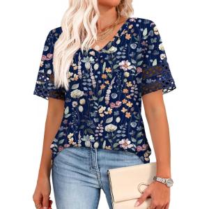 image:imageXIEERDUO Womens Summer Tops Dressy Casual Blouses for Women V Neck Short Sleeve Shirts Fashion Clothes Curved Hem FlowyZ Navy Printed
