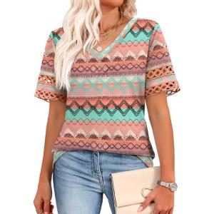 image:imageXIEERDUO Womens Summer Tops Dressy Casual Blouses for Women V Neck Short Sleeve Shirts Fashion Clothes Curved Hem FlowyZ Pink Geometry