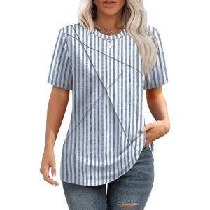 image:imageSummer Tops for Women 2025 Cute Green Blouses Dressy Casual Pleated Short Sleeve Shirts Trendy SZ Grey Striped