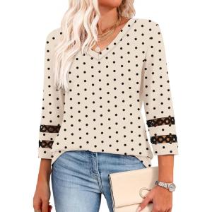 image:imageXIEERDUO 34 Length Sleeve Womens Tops Dressy Casual Blouses for Women 2025 Trendy V Neck T Shirts Summer ClothesZ Beige Dot