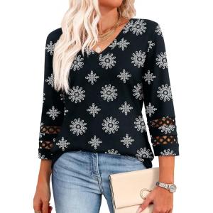 image:imageXIEERDUO 34 Length Sleeve Womens Tops Dressy Casual Blouses for Women 2025 Trendy V Neck T Shirts Summer ClothesZ Black Snowflake