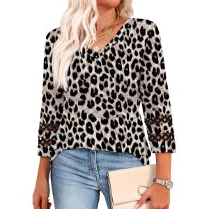 image:imageXIEERDUO 34 Length Sleeve Womens Tops Dressy Casual Blouses for Women 2025 Trendy V Neck T Shirts Summer ClothesZ Brown Leopard