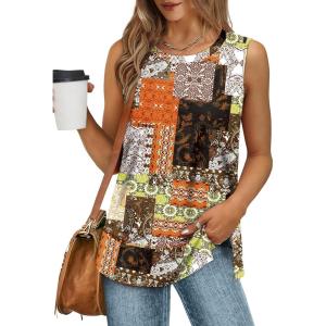 image:imageXIEERDUO Womens Summer Tank Tops Sleeveless Round Neck Casual Side Hem Tops Loose FitPrinted Brown