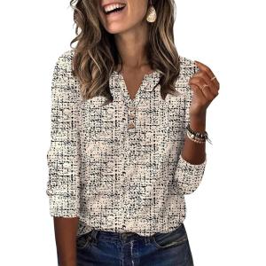 image:imageXIEERDUO 34 Length Sleeve Womens Tops Fashion Clothing V Neck T Shirts Dressy Blouses Business Casual Outfits Tunic TopsAbeige Print