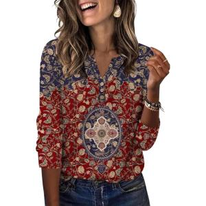 image:imageXIEERDUO 34 Length Sleeve Womens Tops Fashion Clothing V Neck T Shirts Dressy Blouses Business Casual Outfits Tunic TopsIblue Red Print