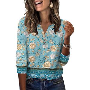 image:imageXIEERDUO 34 Length Sleeve Womens Tops Fashion Clothing V Neck T Shirts Dressy Blouses Business Casual Outfits Tunic TopsKblue Print