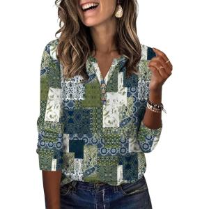 image:imageXIEERDUO 34 Length Sleeve Womens Tops Fashion Clothing V Neck T Shirts Dressy Blouses Business Casual Outfits Tunic TopsLgreen Print