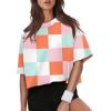 image:imageXIEERDUO Cotton Tshirts for Women Drop Shoulder Round Neck Oversized Crop Tops Workout Tops TeesPrint Plaid