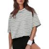 image:imageXIEERDUO Cotton Tshirts for Women Drop Shoulder Round Neck Oversized Crop Tops Workout Tops TeesStripe Grey