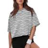image:imageXIEERDUO Cotton Tshirts for Women Drop Shoulder Round Neck Oversized Crop Tops Workout Tops TeesStripe White