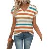 image:imageXIEERDUO Womens Summer Tops Short Sleeve Shirts with Buttons V Neck Trendy Tunic Blouses Beach Vacation ClothesFvintage Stripe