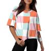 image:imageXIEERDUO Cotton Tshirts for Women Drop Shoulder Round Neck Oversized Crop Tops Workout Tops TeesPrint Plaid