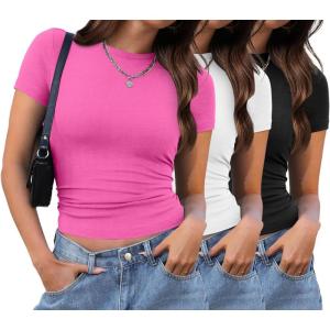 image:imageXIEERDUO Basic Tops for Women Short Sleeve Baby Tees 23 Pack Crew Neck T Shirts Slim Fit Tees3 Pack BlackWhiteRose