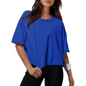 image:imageXIEERDUO Cotton Tshirts for Women Drop Shoulder Round Neck Oversized Crop Tops Workout Tops TeesO Royal Blue