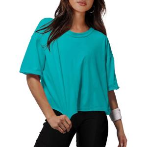 image:imageXIEERDUO Cotton Tshirts for Women Drop Shoulder Round Neck Oversized Crop Tops Workout Tops TeesO Turquoise