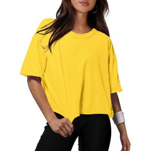 image:imageXIEERDUO Cotton Tshirts for Women Drop Shoulder Round Neck Oversized Crop Tops Workout Tops TeesO Yellow