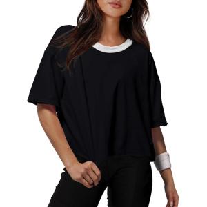 image:imageXIEERDUO Cotton Tshirts for Women Drop Shoulder Round Neck Oversized Crop Tops Workout Tops TeesP White Black Contrast