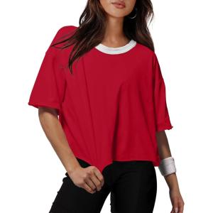 image:imageXIEERDUO Cotton Tshirts for Women Drop Shoulder Round Neck Oversized Crop Tops Workout Tops TeesP White Red Contrast