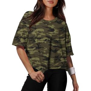 image:imageXIEERDUO Cotton Tshirts for Women Drop Shoulder Round Neck Oversized Crop Tops Workout Tops TeesPrint Camouflage