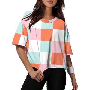 image:imageXIEERDUO Cotton Tshirts for Women Drop Shoulder Round Neck Oversized Crop Tops Workout Tops TeesPrint Plaid