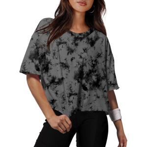 image:imageXIEERDUO Cotton Tshirts for Women Drop Shoulder Round Neck Oversized Crop Tops Workout Tops TeesPrint Tie Dye