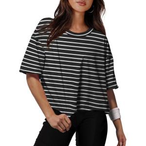 image:imageXIEERDUO Cotton Tshirts for Women Drop Shoulder Round Neck Oversized Crop Tops Workout Tops TeesStripe Black
