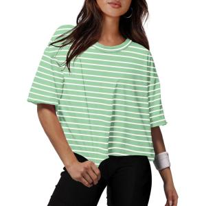 image:imageXIEERDUO Cotton Tshirts for Women Drop Shoulder Round Neck Oversized Crop Tops Workout Tops TeesStripe Green