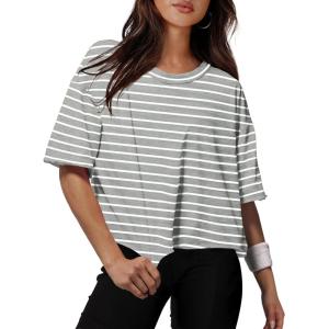image:imageXIEERDUO Cotton Tshirts for Women Drop Shoulder Round Neck Oversized Crop Tops Workout Tops TeesStripe Grey