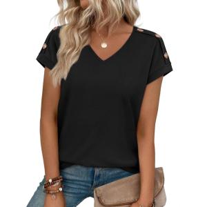 image:imageXIEERDUO Womens Summer Tops Short Sleeve Shirts with Buttons V Neck Trendy Tunic Blouses Beach Vacation ClothesAblack