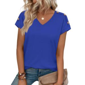 image:imageXIEERDUO Womens Summer Tops Short Sleeve Shirts with Buttons V Neck Trendy Tunic Blouses Beach Vacation ClothesAblue