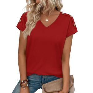 image:imageXIEERDUO Womens Summer Tops Short Sleeve Shirts with Buttons V Neck Trendy Tunic Blouses Beach Vacation ClothesAred