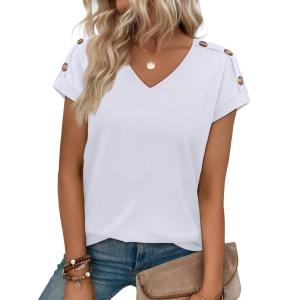 image:imageXIEERDUO Womens Summer Tops Short Sleeve Shirts with Buttons V Neck Trendy Tunic Blouses Beach Vacation ClothesAwhite