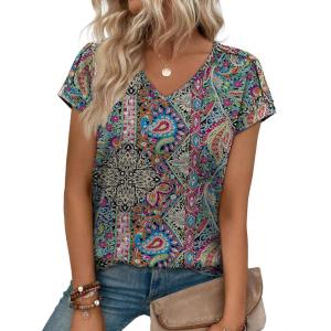 image:imageXIEERDUO Womens Summer Tops Short Sleeve Shirts with Buttons V Neck Trendy Tunic Blouses Beach Vacation ClothesFboho Paisley