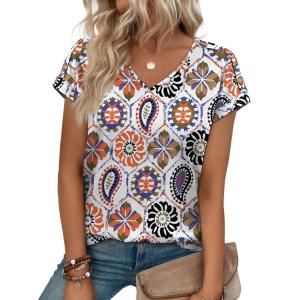 image:imageXIEERDUO Womens Summer Tops Short Sleeve Shirts with Buttons V Neck Trendy Tunic Blouses Beach Vacation ClothesFboho Tile