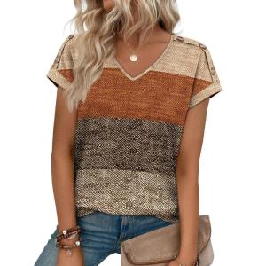 image:imageXIEERDUO Womens Summer Tops Short Sleeve Shirts with Buttons V Neck Trendy Tunic Blouses Beach Vacation ClothesFbrown Stripes