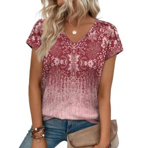 image:imageXIEERDUO Womens Summer Tops Short Sleeve Shirts with Buttons V Neck Trendy Tunic Blouses Beach Vacation ClothesFgradient Pink