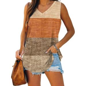 image:imageXIEERDUO Womens Tank Tops V Neck Basic Solid Color Casual Flowy Summer Sleeveless01brown Stripes