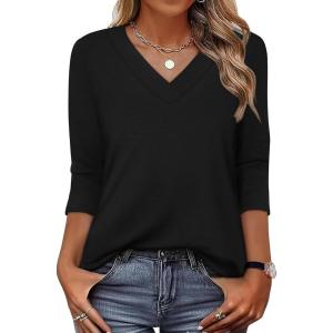 image:imageXIEERDUO 34 Length Sleeve Womens Tops V Neck T Shirts Summer Clothes Basic Blouses Dressy Casual 2026 Spring OutfitsBlack