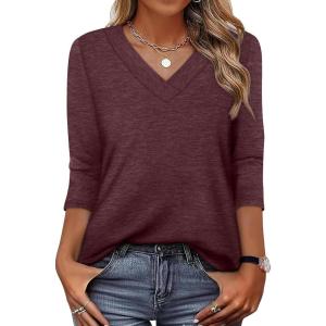 image:imageXIEERDUO 34 Length Sleeve Womens Tops V Neck T Shirts Summer Clothes Basic Blouses Dressy Casual 2026 Spring OutfitsBurgundy