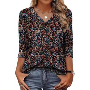 image:imageXIEERDUO 34 Length Sleeve Womens Tops V Neck T Shirts Summer Clothes Basic Blouses Dressy Casual 2026 Spring OutfitsPatternedblack Floral