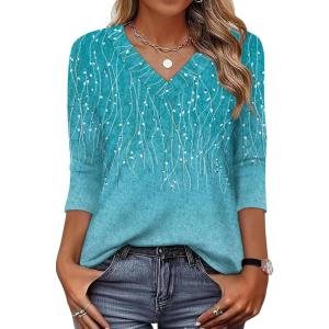 image:imageXIEERDUO 34 Length Sleeve Womens Tops V Neck T Shirts Summer Clothes Basic Blouses Dressy Casual 2026 Spring OutfitsPatternedblue Print