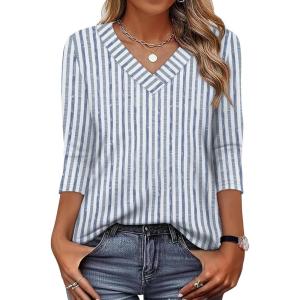image:imageXIEERDUO 34 Length Sleeve Womens Tops V Neck T Shirts Summer Clothes Basic Blouses Dressy Casual 2026 Spring OutfitsPatternedblue Striped