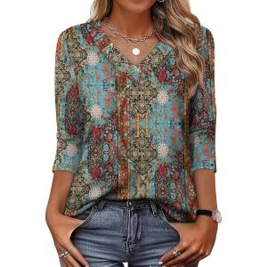 image:imageXIEERDUO 34 Length Sleeve Womens Tops V Neck T Shirts Summer Clothes Basic Blouses Dressy Casual 2026 Spring OutfitsPatternedboho Print