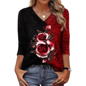 image:imageXIEERDUO 34 Length Sleeve Womens Tops V Neck T Shirts Summer Clothes Basic Blouses Dressy Casual 2026 Spring OutfitsPatternedflower