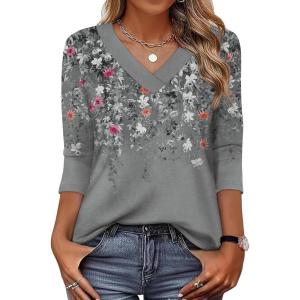 image:imageXIEERDUO 34 Length Sleeve Womens Tops V Neck T Shirts Summer Clothes Basic Blouses Dressy Casual 2026 Spring OutfitsPatternedgrey Floral