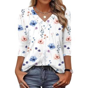 image:imageXIEERDUO 34 Length Sleeve Womens Tops V Neck T Shirts Summer Clothes Basic Blouses Dressy Casual 2026 Spring OutfitsPatternedwhite Floral