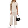 image:imageXIEERDUO 2 Piece Sets for Women Crew Neck Travel Airport Outfits Summer Fashion Clothing Cap Sleeve Tops Wide Legs Pants SetBeige
