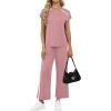 image:imageXIEERDUO 2 Piece Sets for Women Crew Neck Travel Airport Outfits Summer Fashion Clothing Cap Sleeve Tops Wide Legs Pants SetCoral