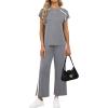 image:imageXIEERDUO 2 Piece Sets for Women Crew Neck Travel Airport Outfits Summer Fashion Clothing Cap Sleeve Tops Wide Legs Pants SetGrey